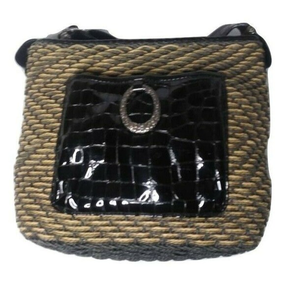 Vintage Brighton Straw Hobo Shoulder Bag Leather Trim Beige & Brown Purse - Picture 3 of 9